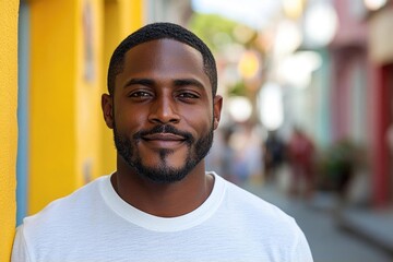 Obraz premium Smiling man in a white shirt stands against a vibrant yellow wall in a lively street scene