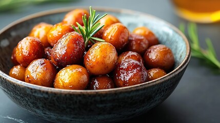 Sweetened potatoes in bowl, with rosemary, on dark surface, honey in background