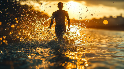 Silhouette of a person wading through water at sunset, creating splashes and golden light reflecting off the water surface.