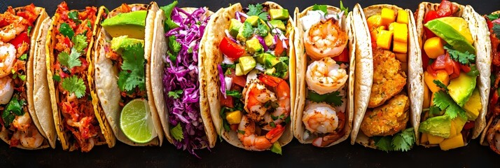 Variety of Delicious Street Tacos with Fresh Ingredients on Black Background, Top View