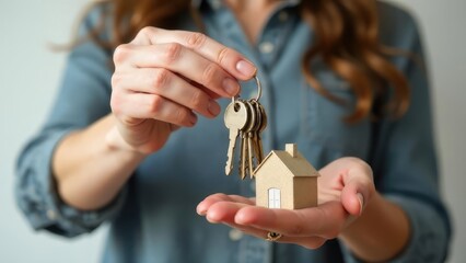 A woman holds keys and a miniature house in her hands. Concept of: Homeownership.