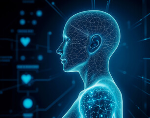 Digital twin of a human being utilized for medical simulations, showcasing a sleek, tech-infused image of virtual health tracking.