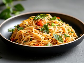 Delicious Pasta Dish with Fresh Herbs and Sesame Seeds, Italian Cuisine, Close Up
