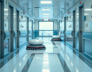 Hospital hallway with automated sanitation robots. A sleek, modern healthcare facility where cleaning robots sterilize the floors for infection control.
