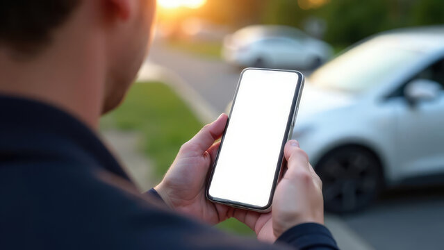 A man holds a smartphone with a blank white screen on a city street with cars in the background.
Concept of: Mobile app interface.