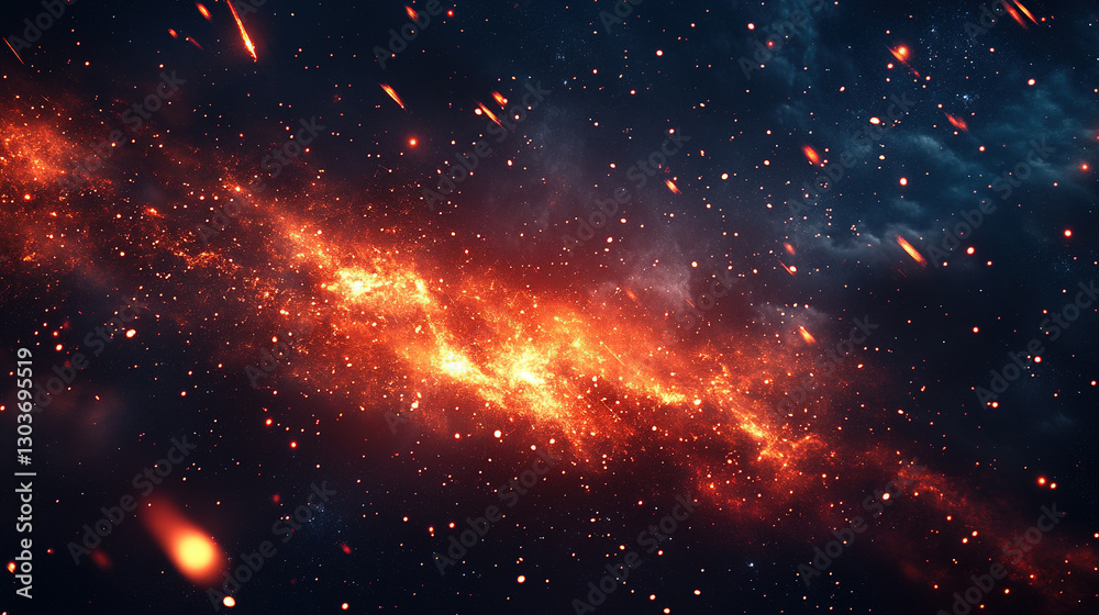 Wall mural cosmic explosion event featuring fiery galaxy outer space digital art dark environment wide-angle vi