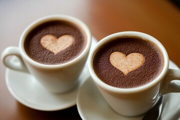 Fototapeta premium Two Cups of Coffee Romantic Heart Design Hot Beverage Delicious Drink Warm Cozy Morning Love Date Sweet Treat Caffeine Aromatic Indulgence Brown White