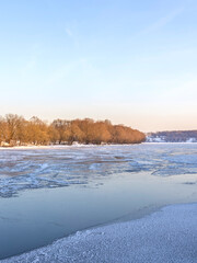 Frozen lake with trees in the background