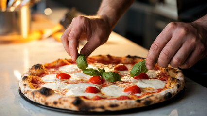 A chef's hands placing fresh basil leaves on a hot freshly baked pizza with melted mozzarella cheese and cherry tomatoes, steam rising, modern white kitchen countertop