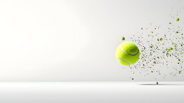 Closeup view of a yellow tennis ball bouncing on the taut strings of a tennis racket captured in mid air with dynamic high speed motion and freeze frame effect on a clean minimalist white background