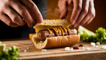 A chef's hands assembling a hot dog in a toasted bun, adding a grilled sausage, drizzling mustard and ketchup