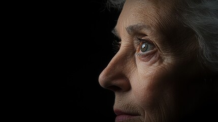 Obraz premium Profile Portrait of Senior Woman with Eyes Gazing Left, Dark Background, Aging, Contemplation