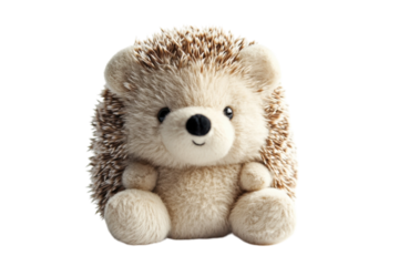 A delightful, fluffy hedgehog plush toy sitting against a softly lit background isolated on transparent background
