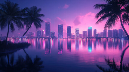 Vibrant sunset reflection miami skyline cityscape photography urban environment serene viewpoint modern concept