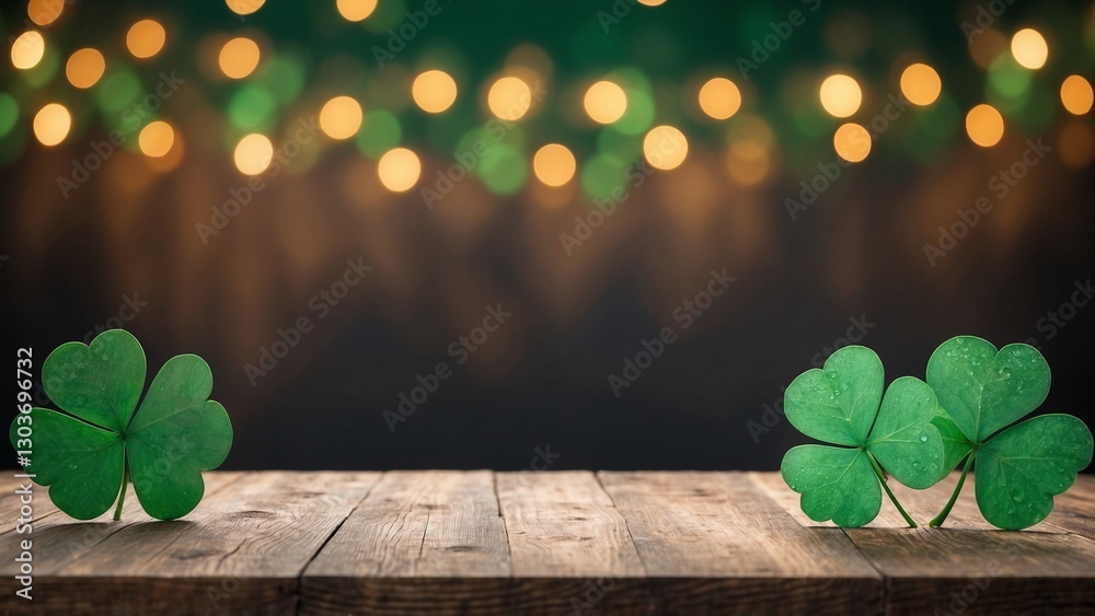Wall mural st patrick's day mockup background with rustic wood board table surface with green shamrock clovers 