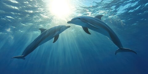 Two playful dolphins swim gracefully underwater in the ocean, sun rays shining through the surface.