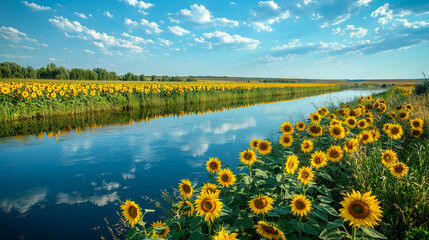 Obraz premium Vibrant sunflowers line a waterway under a sky of blue, offering a serene and bright view of nature's beauty in bloom. 