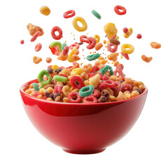 colorful cereals falling into red bowl, capturing the playful movement of various cereal pieces
