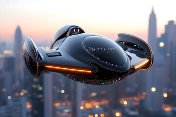 A sleek, futuristic hover tank gracefully levitates above a chaotic battlefield at dawn, showcasing advanced technology amidst smoke and debris, exuding an aura of power and innovation