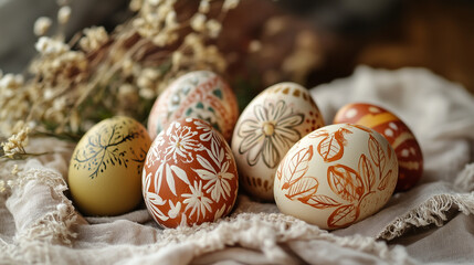 Hand-Painted Easter Eggs with Floral and Leaf Designs on a Linen Cloth