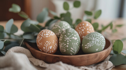 Earthy Green and Brown Easter Eggs with White Botanical Designs