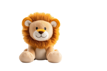 Playful plush lion toy sitting on a clean white surface with a charming expression and soft fur isolated on transparent background