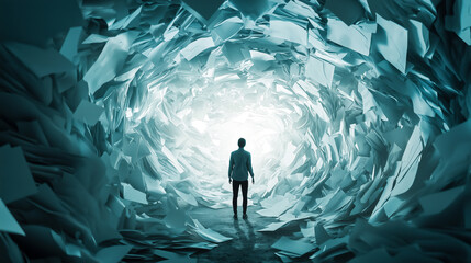 Lost in a Paper Maze: Man navigates a tunnel of documents, symbolizing overwhelm and the search for clarity.