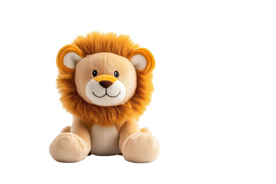 Playful plush lion toy sitting on a clean white surface with a charming expression and soft fur isolated on transparent background