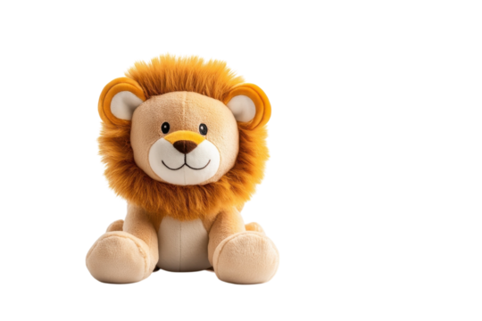 Playful plush lion toy sitting on a clean white surface with a charming expression and soft fur isolated on transparent background
