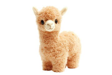 Charming fluffy alpaca plush toy standing proudly against a bright white background isolated on transparent background