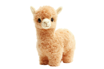 Charming fluffy alpaca plush toy standing proudly against a bright white background isolated on transparent background