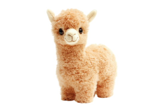 Charming fluffy alpaca plush toy standing proudly against a bright white background isolated on transparent background