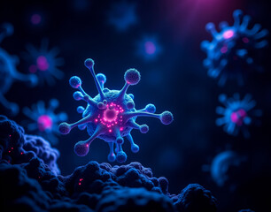 An innovative medical visualization of nanotechnology molecules targeting cancer cells, glowing under ultraviolet light.