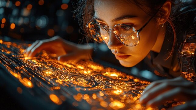 Woman analyzes a glowing circuit board with focused concentration and glasses - Powered by Adobe