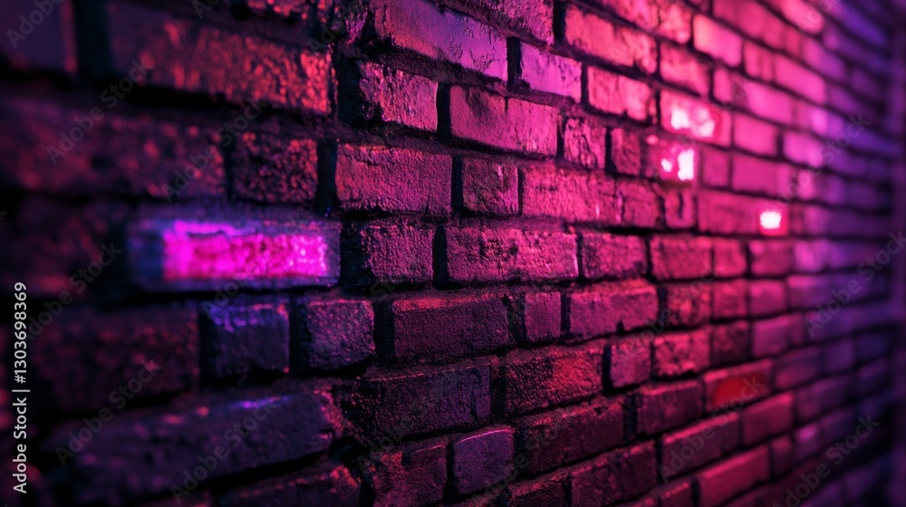 Poster a textured brick wall absorbs multiple shades of pink and purple light, creating a captivating ambia