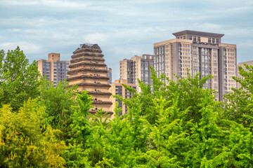 Goose pagoda temple, with modern residential buildings, Xian, Shaanxi province, China