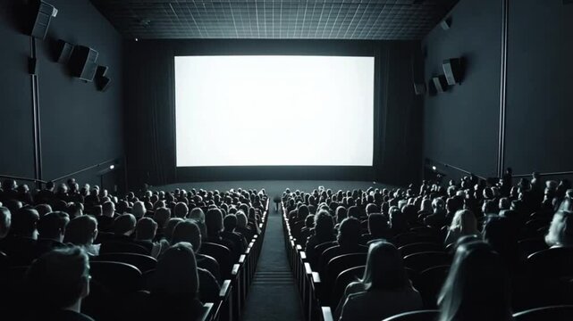 Movie theater full audience watching empty screen.  Possible use Stock photo of cinema experience