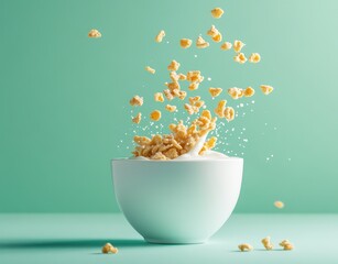 Crisp cereal falling into a bowl filled with creamy milk splashes against a serene green background with playful floating flakes