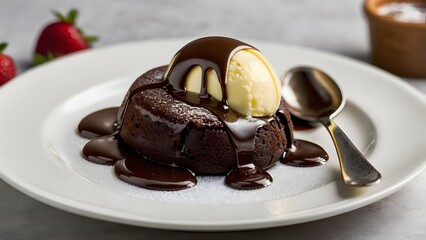 A small, baked round chocolate lava cake with vanilla ice cream on top, drizzled in fudge sauce and melting into the center of its white plate. A spoon is sitting next to the food
