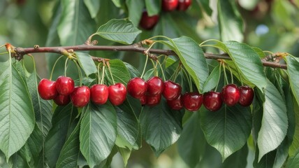 Obraz premium food shot of a branch, of ripe red cherries, with green leaves