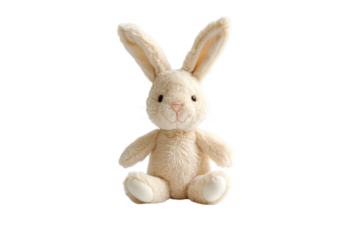 A charming, plush bunny toy sits upright, showcasing its floppy ears and gentle expression isolated on transparent background