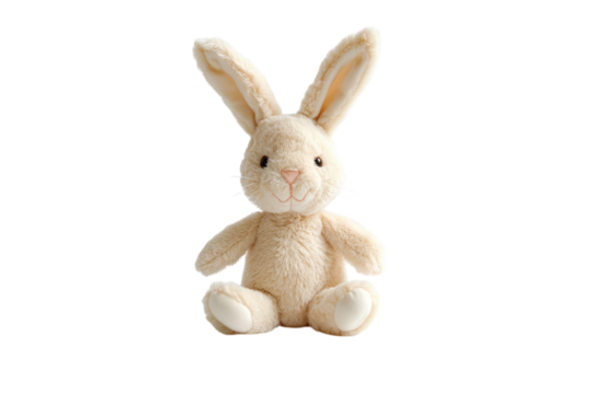 A charming, plush bunny toy sits upright, showcasing its floppy ears and gentle expression isolated on transparent background