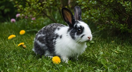 Fototapeta premium Classic Domestic Rabbit Dutch Rabbits Grazing in Garden and Yard Settings