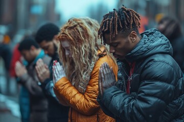 Obraz premium People Praying in Prayer Circles on a Ghetto Street Corner