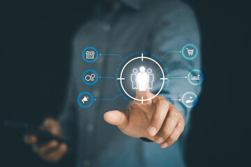 Businessman touch on screen to target customer. Target customer, buyer persona, customer behavior...