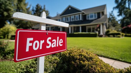 Fototapeta premium For sale sign announces house is available for purchase