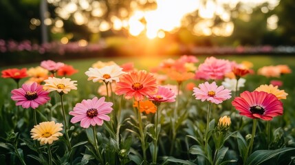 Obraz premium Golden Hour Bloom A Field of Vibrant Wildflowers Basking in the Warm Morning Light, Close Up