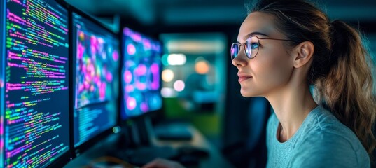 Focused Caucasian Woman in Eyeglasses Entranced by Computer Code on Multiple Monitors