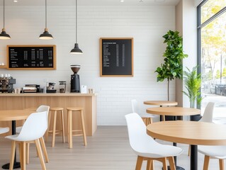 Fototapeta premium Modern coffee shop interior with minimalistic design and menu display