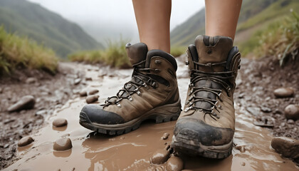 Naklejka premium A Hiker Girl’s Muddy Boots Stepping on a Rocky Trail